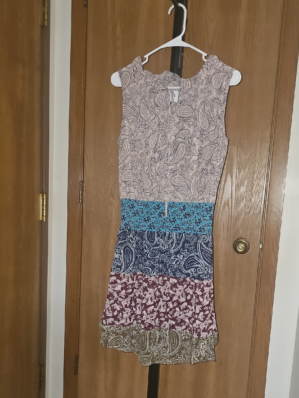 CAbi Sleeveless Multi-Panel Paisley Mini Dress in Pink, Blue, Navy, Burgundy